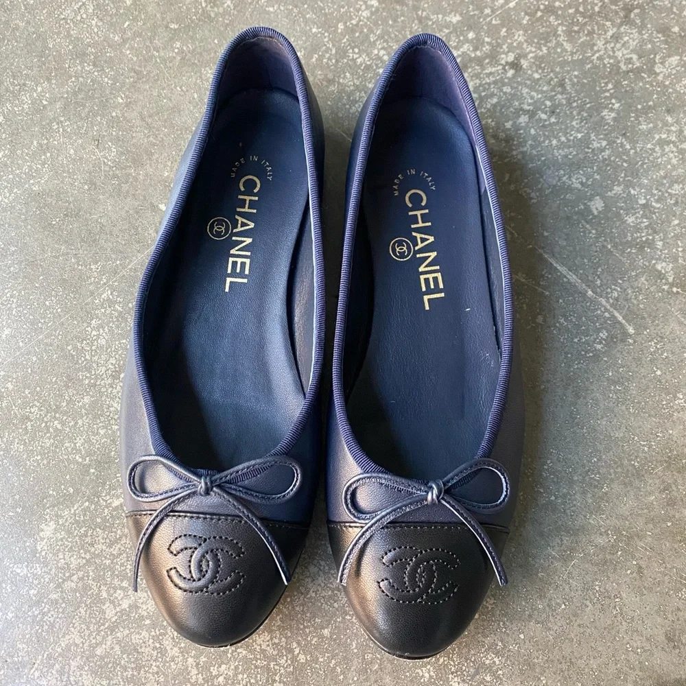 CHANEL | Shoes | Navy Blue Black Toe Chanel Ballet Flats | Poshmark